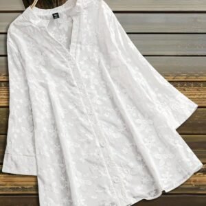 Elegant White Floral Textured Button-Down Top