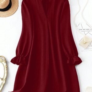 Elegant Red Pleated Loose Fit Tunic Dress
