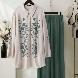 Elegant Floral Printed Shirt & Green Skirt Co-Ord Set