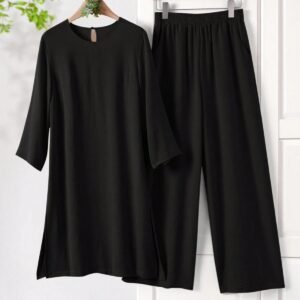 Elegant Black Two-Piece Co-Ord Set (Top & Wide-Leg Pants)