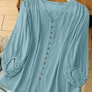 Elegant Sky Blue Button-Down Puff Sleeve Top