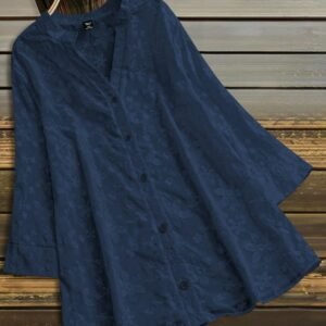 Elegant Navy Blue Floral Textured Button-Down Top