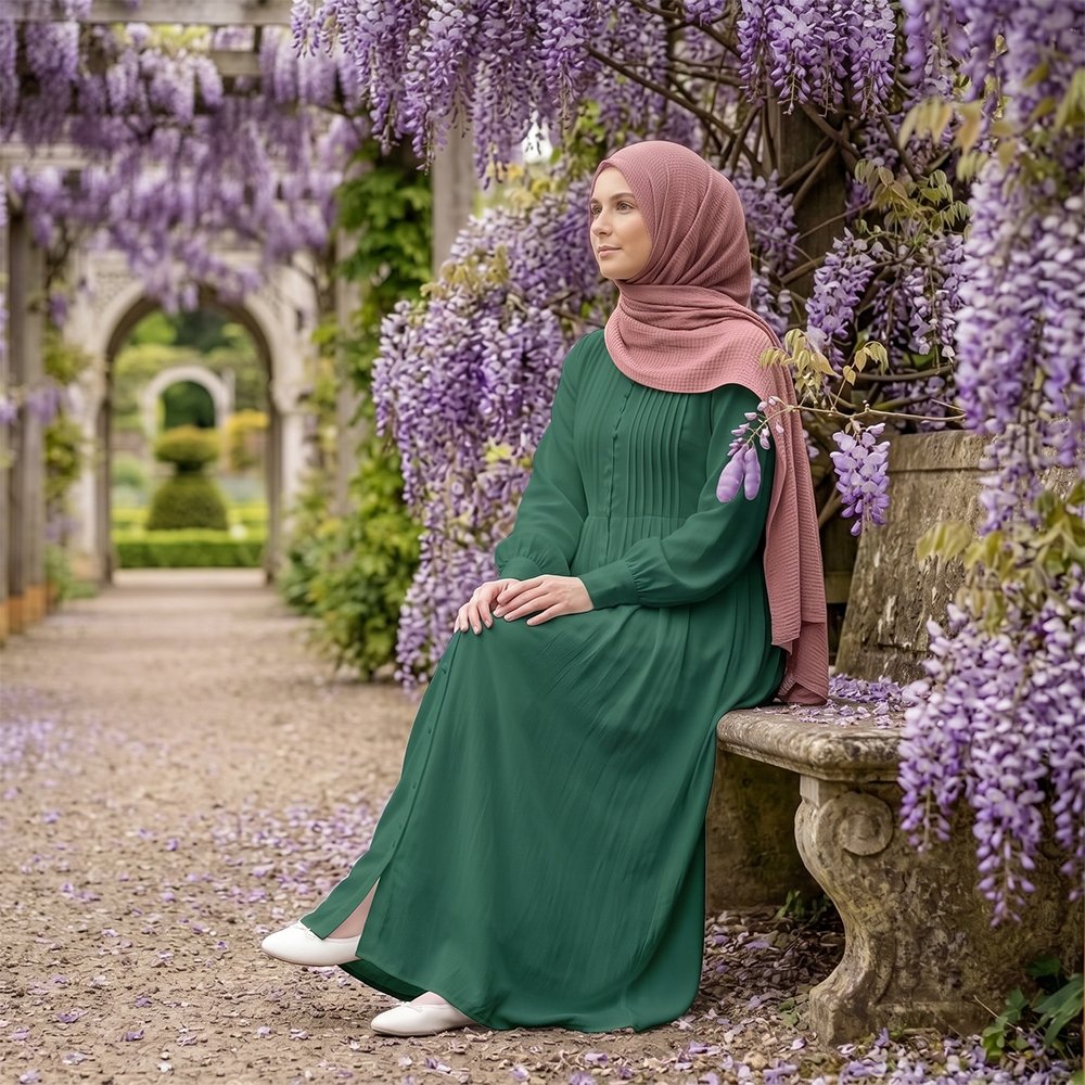 Forest Emerald Pleated Abaya - Image 2