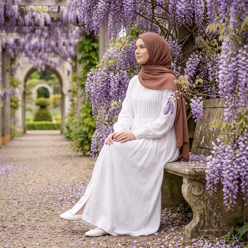 Pearl White Pleated Abaya - Image 2