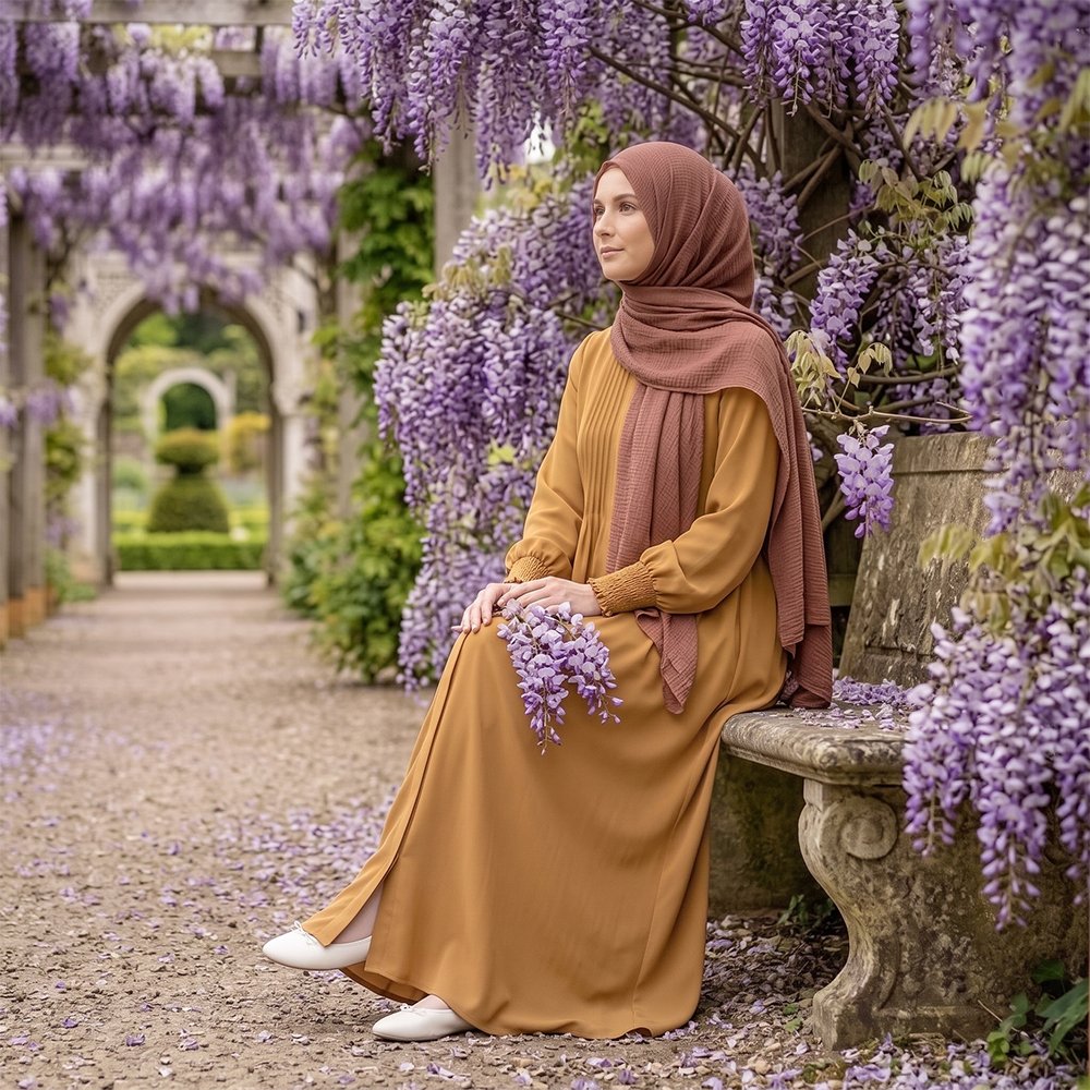 Camel Earth Pleated Abaya - Image 2
