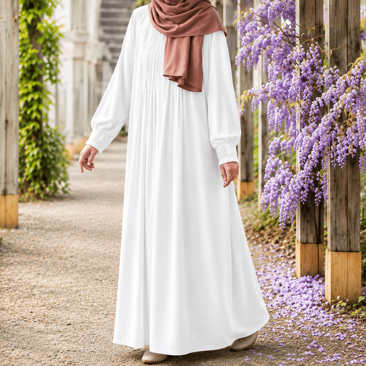 Pearl White Pleated Abaya